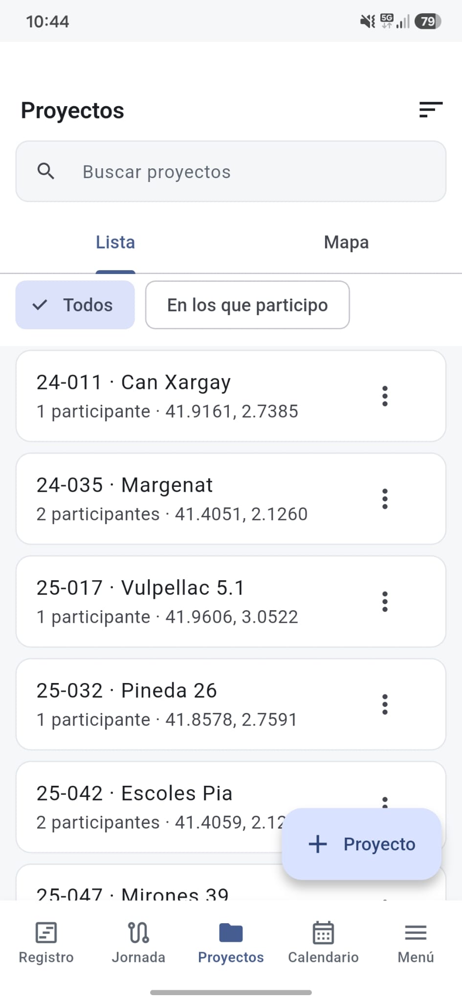 Llista de projectes a Trackify